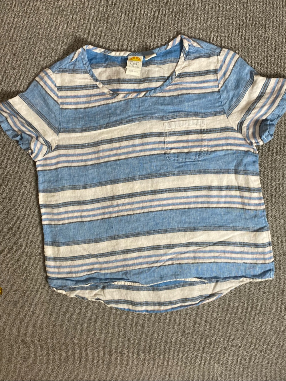 C&C California Coastal Blue & White Striped Linen Short Sleeve Flowy Summer Tee